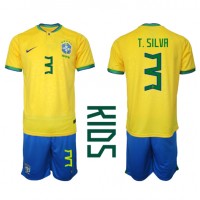 Camiseta Brasil Thiago Silva #3 Primera Equipación Replica Mundial 2022 para niños mangas cortas (+ Pantalones cortos)